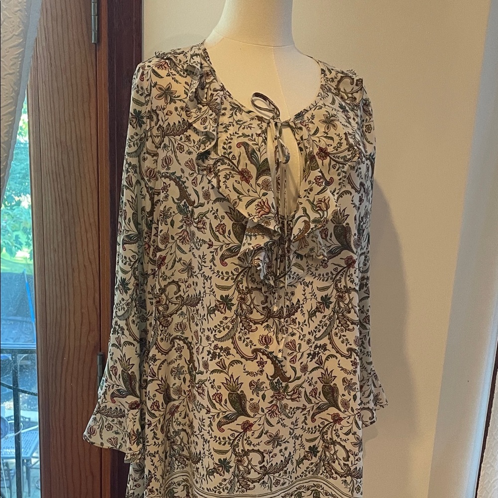 Max Studio Cream and Brown Floral Blouse Large EUC - Picture 3 of 9